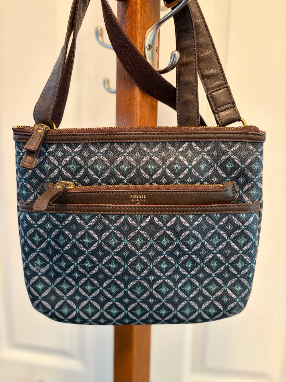 Fossil Navy Patterned Crossbody with Brown Faux Leather Trim